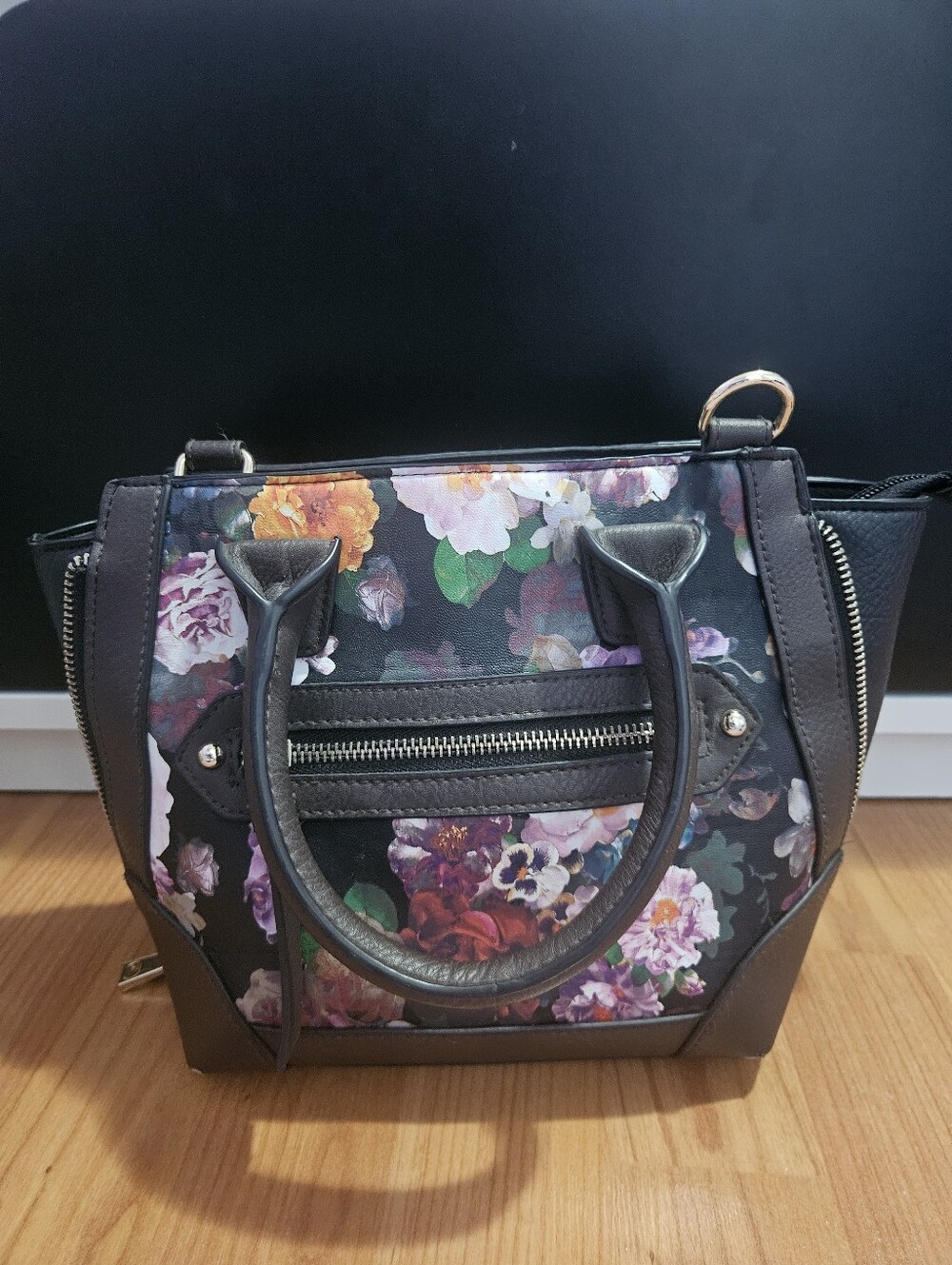 Floral Print Black Satchel Handbag - Women's Floral Tote